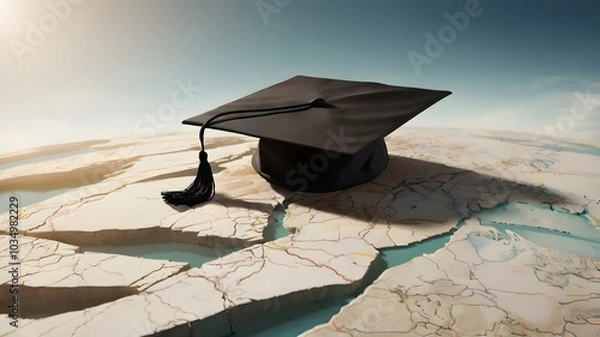 Fototapeta Black academic cap on cracked map surface representing global learning