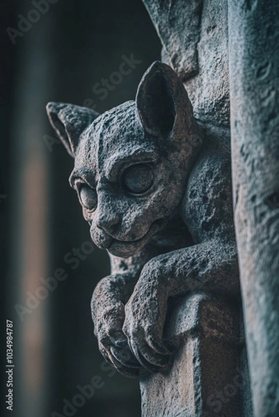Fototapeta dark moody stone gargoyle sculpture with claws in cathedral building