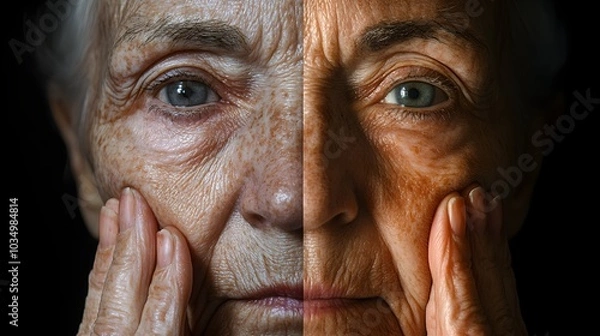 Fototapeta Detailed close-up of an elderly woman's hands, showcasing age, followed by a transformation into youthful, smooth skin, glowing with health and vitality
