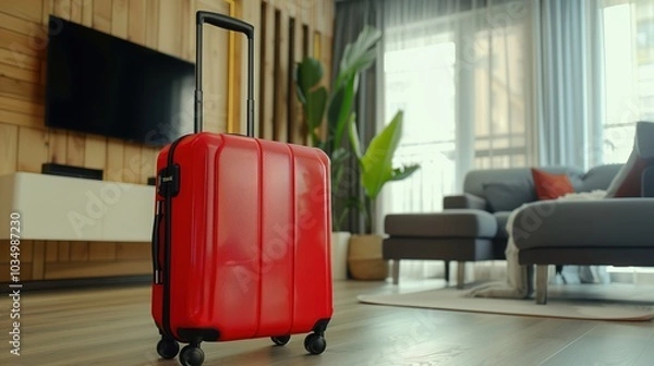Fototapeta A vibrant red suitcase stands in the corner of a modern living room, showcasing a stylish and contemporary interior design. Perfect for travel-themed visuals.