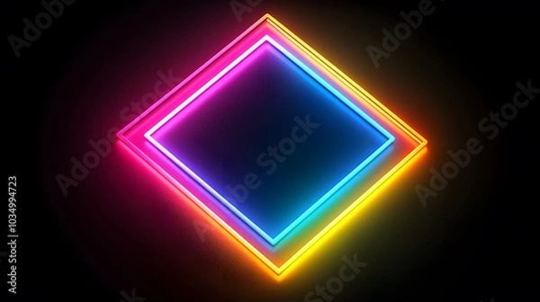 Obraz Vivid neon square illuminated by RGB lights, set against a deep black backdrop, showcasing intricate details and striking colors.