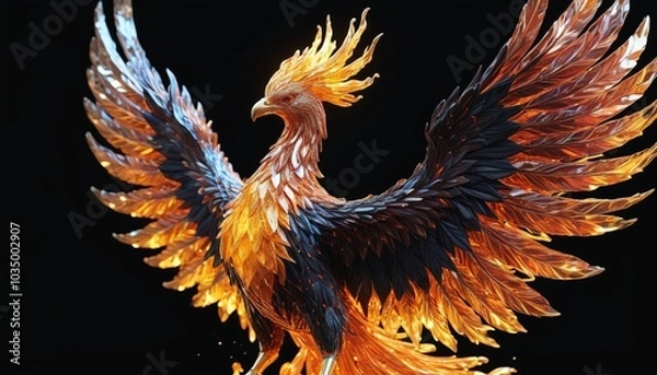 Fototapeta A crystalline sculpture of a phoenix rising from flames, shimmering in the light, set against a black surface, Generative AI