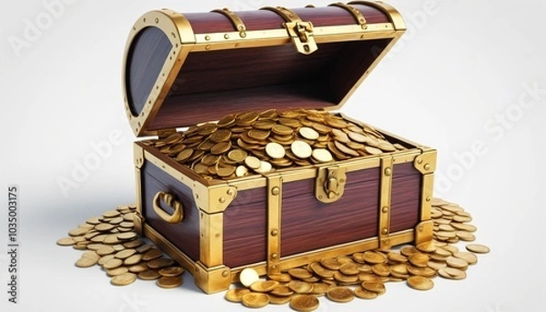 Fototapeta A colorful model of a treasure chest overflowing with gold coins on a polished white background, representing in-game rewards, Generative AI