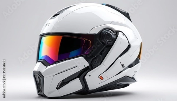 Fototapeta A colorful model of a futuristic helmet with advanced HUD features on a polished white surface, representing immersive gaming experiences, Generative AI