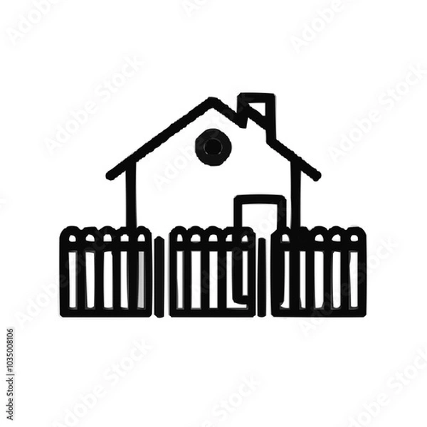 Obraz Outlined house with a fence in front on a white background and copy space