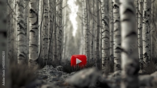 Fototapeta A red youtube diamond button amidst a grove of birches