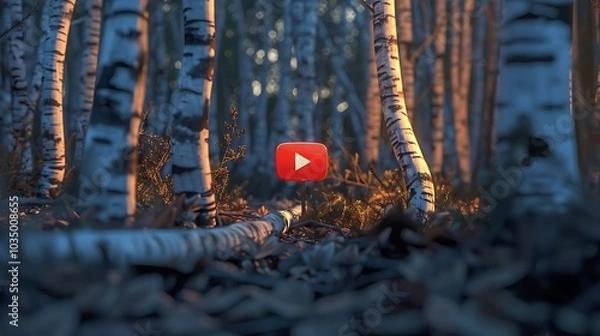 Fototapeta A red youtube diamond button amidst a grove of birches