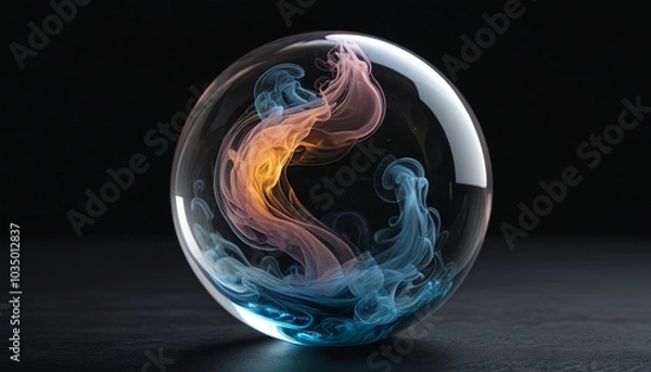 Obraz A delicate glass orb containing swirling smoke, captivating in its mystery, set on a dark ebony surface, Generative AI