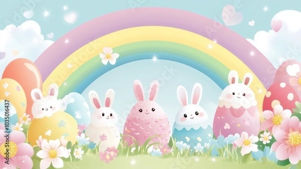 Fototapeta Adorable Easter bunnies and colorful eggs under a pastel rainbow in a whimsical garden, AI
