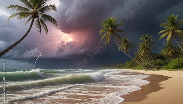 Fototapeta A tranquil beach scene overtaken by a sudden tropical storm, with waves crashing onto the shore and palm trees bending in the wind, Generative AI