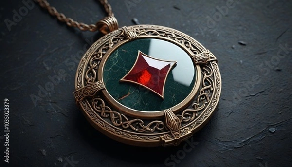 Fototapeta A mystical amulet with a bloodstone at its center, lying on a dark surface, representing the power and protection sought by vampire hunters, Generative AI