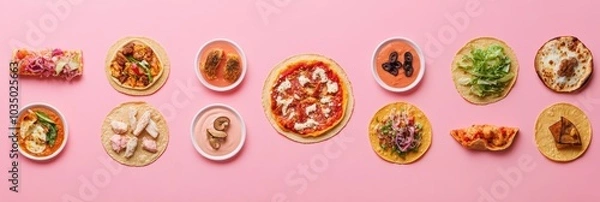 Fototapeta A vibrant assortment of street food items, including tacos and pizza, beautifully arranged in geometric order against a pink background. Generative AI