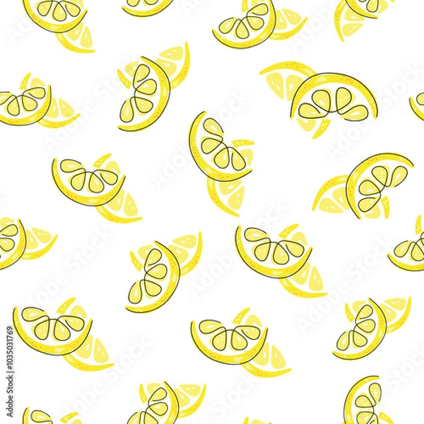 Fototapeta Fresh yellow fruits of lemon, lime, with green leaves and flowers. Seamless citrus texture on a white background. Whole lemon slice. Doodle Minimal Style. Black line. Vector illustration.