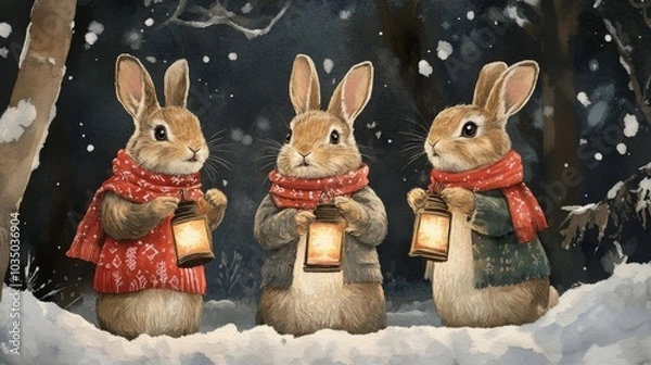 Fototapeta Three Rabbits Holding Lanterns in Snowy Forest