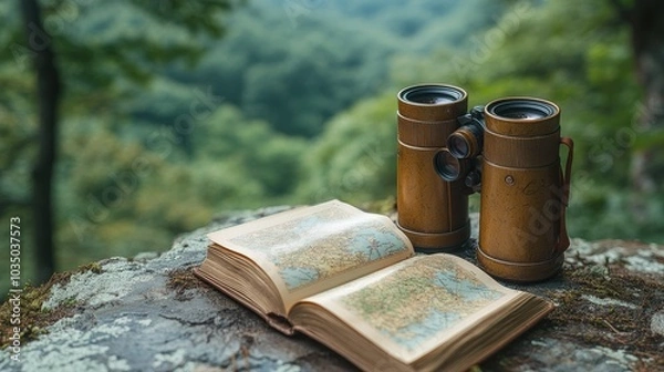 Obraz Bird-watching setup with binoculars and guidebook in a natural reserve