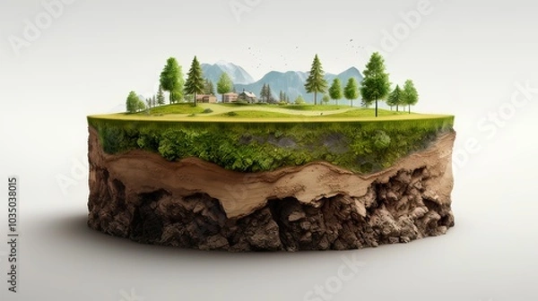 Obraz Earth land Soil layers 3D Illustration round soil ground cross section float landscape fantasy floating island