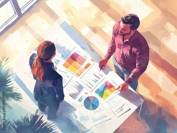 Obraz Business Meeting with Graphs and Charts in Watercolor Style