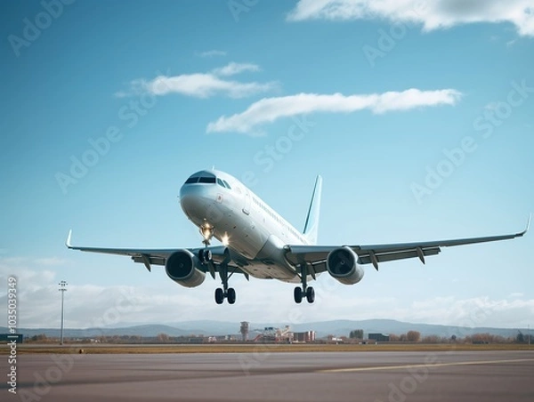 Obraz Airplane taking off from the airport. Passenger plane fly up over take-off runway from airport.