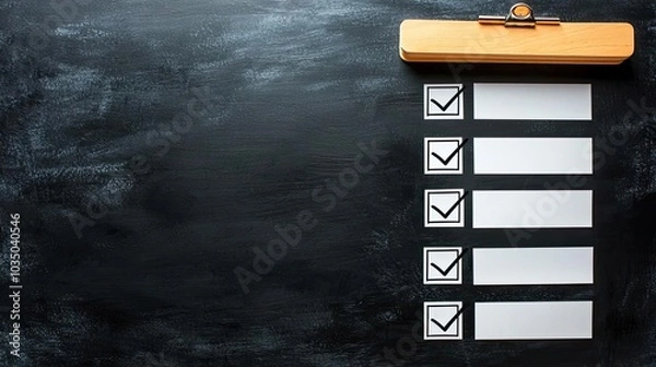 Fototapeta Black chalkboard with a wooden clipboard and checklist items, featuring checkmarks, ideal for project planning and task organization.