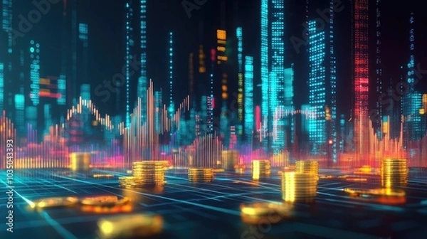 Fototapeta A futuristic abstract design of rising stock market charts with gold bars and coins, symbolizing wealth and successful investments