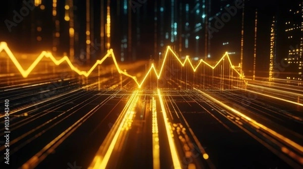 Obraz A futuristic business graph with gold lines rising sharply, symbolizing strong profits, investment growth, and business success