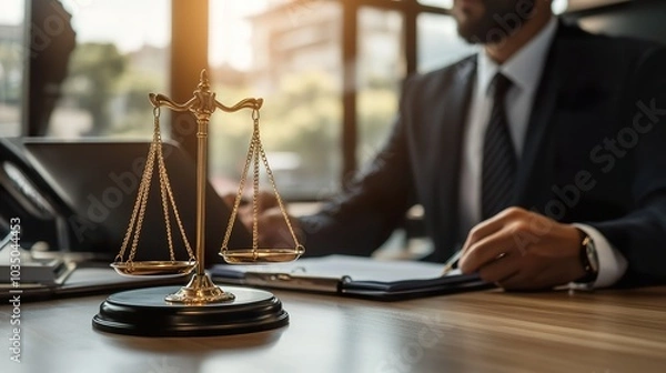 Fototapeta Lawyer advising an employer on handling labor disputes and workplace policies, a corporate setting in the background