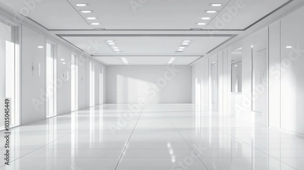 Fototapeta 3D rendering of a spacious bright room featuring white walls and a blank white tile floor enhanced by spotlights showcasing an illuminated indoor interior design with a minimalist aesthetic