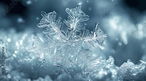 Fototapeta A close-up view of a delicate snowflake resting on fresh snow in a winter landscape, capturing its intricate design and shimmering beauty