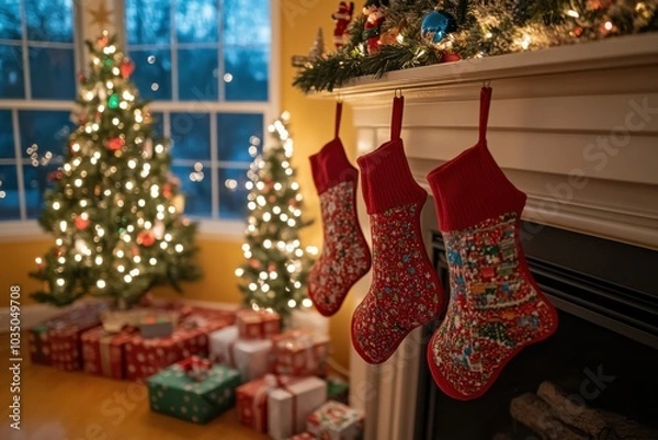 Fototapeta A Christmas tree is lit up with lights and a fireplace is lit