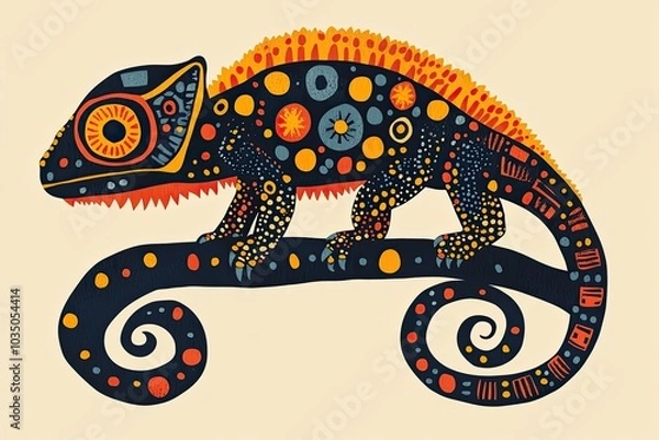 Fototapeta Native art colorful drawing of an anthropomorphic chameleon juggling