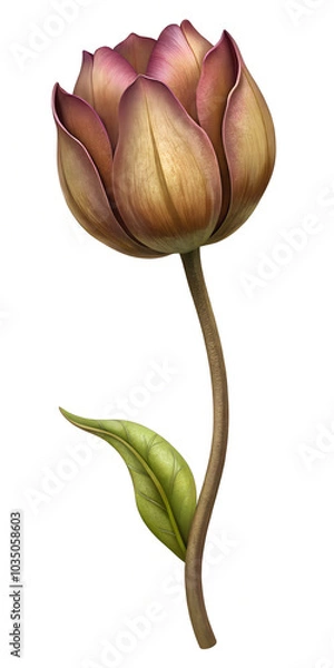 Fototapeta Elegant Purple Tulip Illustration on White Background with Green Leaf