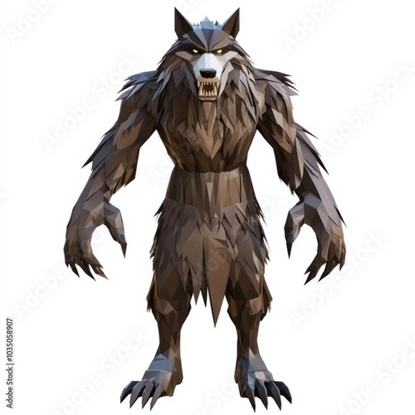 Fototapeta 3D Render, Low Poly style of a werewolf costume with fur and claws, on isolated white background