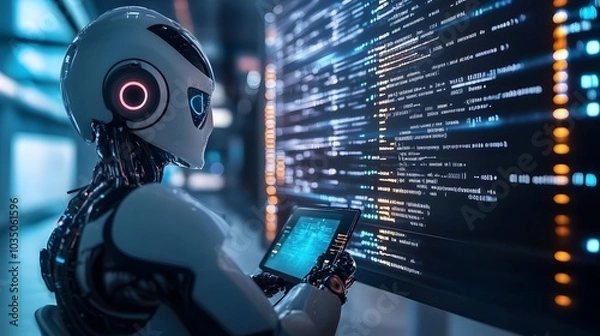 Obraz A White Robot Analyzing Data on a Tablet in a Futuristic Setting