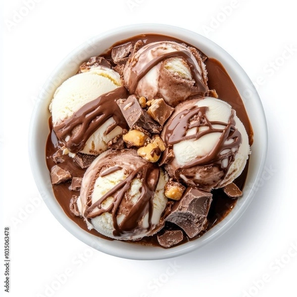 Fototapeta Isolated top view of a bowl filled with rocky road ice cream topped with rich fudge sauce and chunks of chocolate