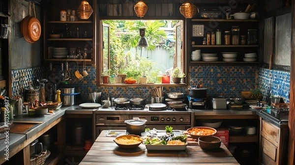 Fototapeta A traditional kitchen setup in a som tum restaurant, serving nam tok moo in a homely atmosphere