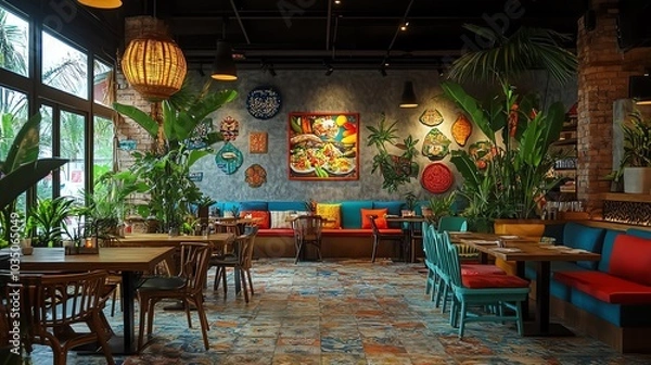 Fototapeta A vibrant decoration in a som tum restaurant with a lively atmosphere, featuring tom yum and friendly conversations