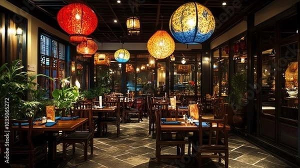 Fototapeta A vibrant decoration in a som tum restaurant with a lively atmosphere, featuring tom yum and friendly conversations