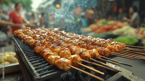 Fototapeta A vibrant image of a street-side grilled chicken vendor, with juicy chicken skewers on the grill, smoke rising, and a busy market scene in the background