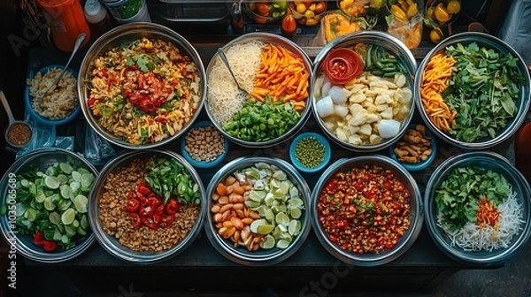 Fototapeta A vibrant image of a street-side Som Tum vendor, showcasing colorful ingredients and a busy atmosphere, capturing the essence of Thai street food culture