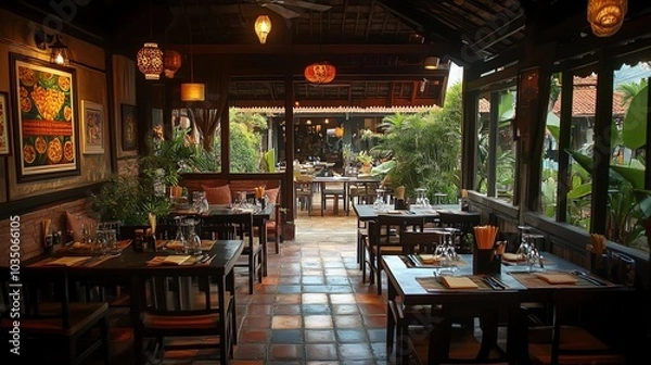 Fototapeta A warm setting with tables and chairs in a som tum restaurant, featuring grilled chicken and the art of grilling