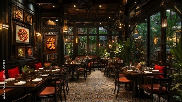 Fototapeta A warm setting with tables and chairs in a som tum restaurant, featuring grilled chicken and the art of grilling