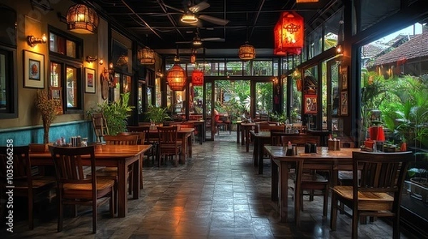 Fototapeta A warm setting with tables and chairs in a som tum restaurant, featuring grilled chicken and the art of grilling