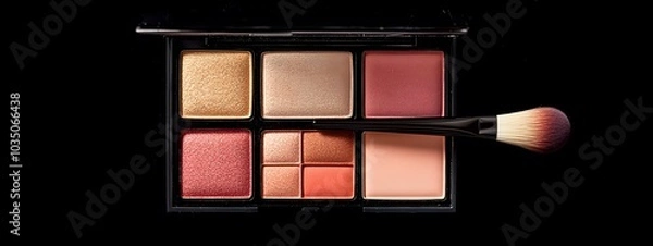Fototapeta A makeup palette with blushes and brushes, set against a black background