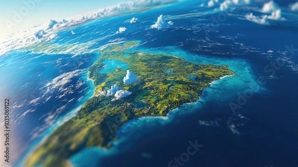 Fototapeta Aerial view of lush green island surrounded by turquoise ocean waters under clear blue sky