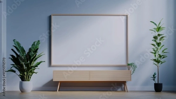 Fototapeta Stylish living room featuring a large empty sleek frame, perfect for personalizing your space with art.
