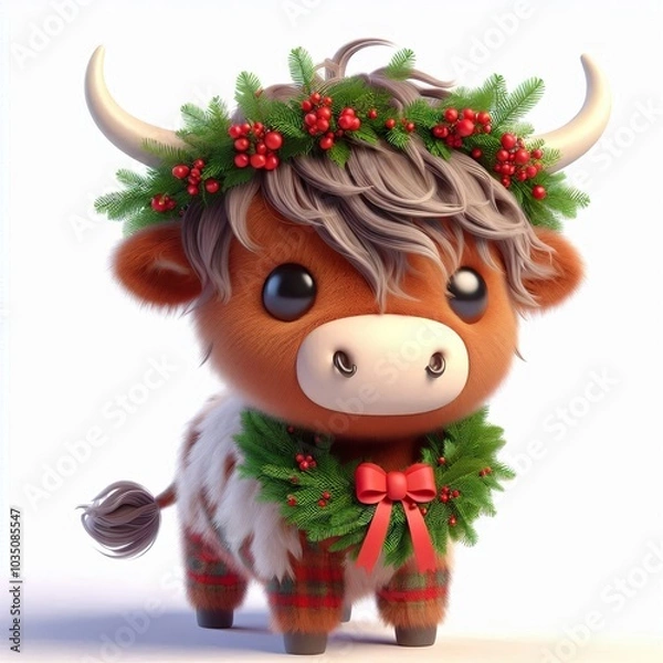 Obraz cartoon 3d render a cute highland cow, mysterious eyes cute happy with a Christmas wreath on her head, full body, white background