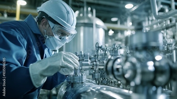 Fototapeta A chemical plant operator in a safety suit and goggles, adjusting a control valve with a background of tanks and chemical processing equipment, facing the camera