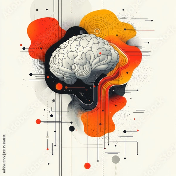 Fototapeta A modern brain illustration in a vector style, featuring abstract lines and shapes, floating on a white canvas,