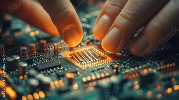 Fototapeta Hands assembling components on a circuit board, focusing on tech repair