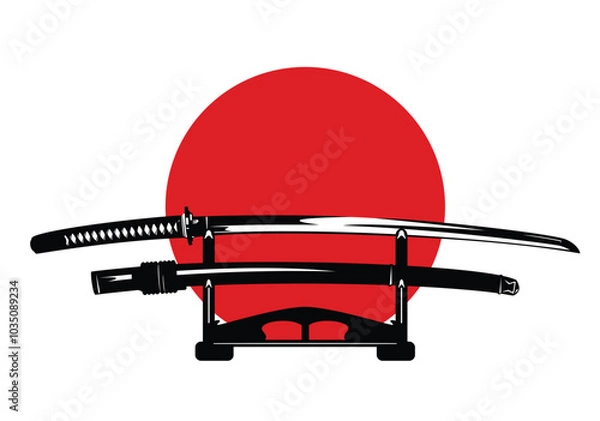 Fototapeta traditional japanese katana blade put on special stand for display against red sun circle - unsheathed samurai sword with scabbard vector design